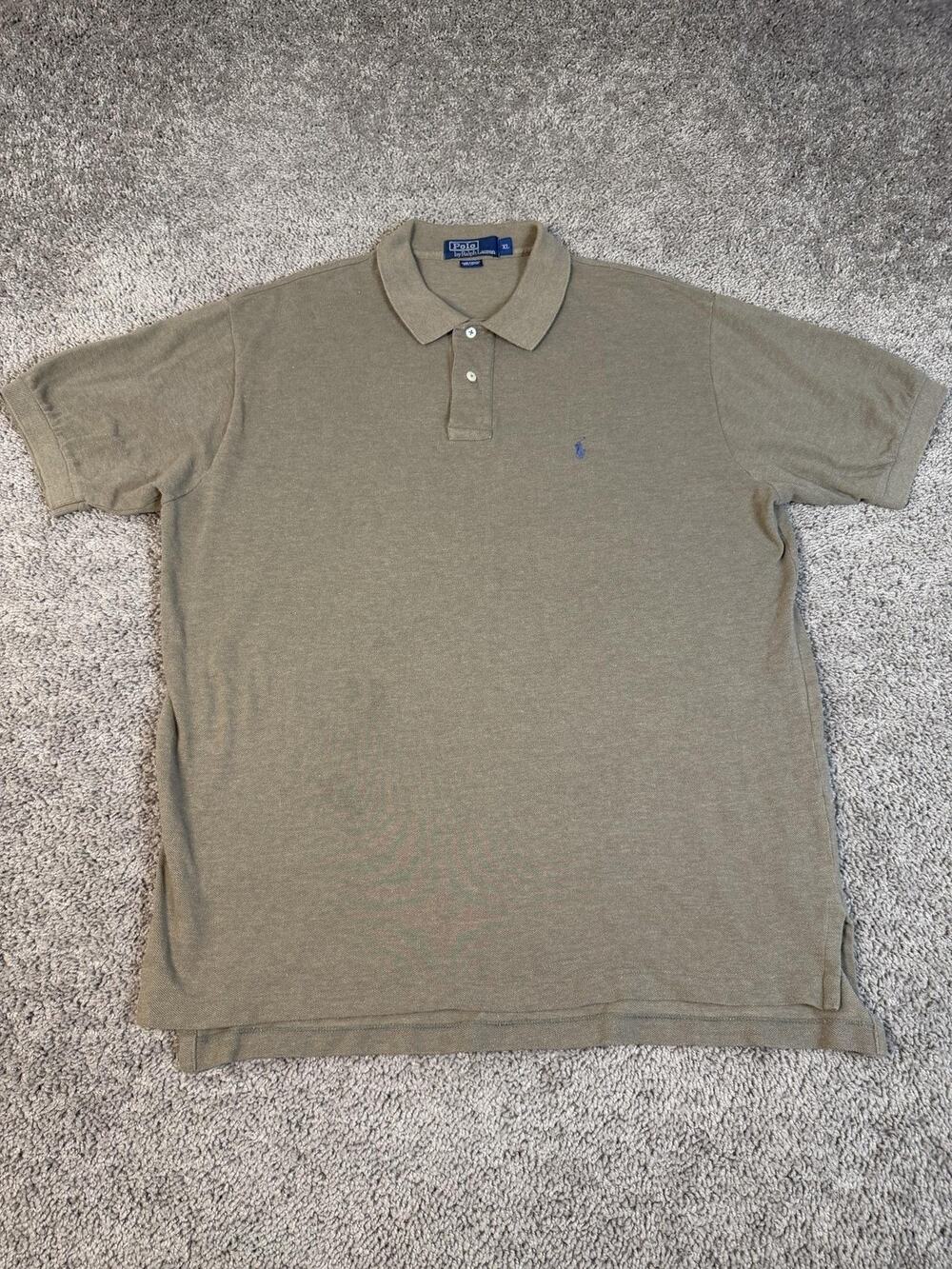 VTG Polo Ralph Lauren Polo Shirt Mens XL Beige Blue Short Sleeve 100% Cotton 90s